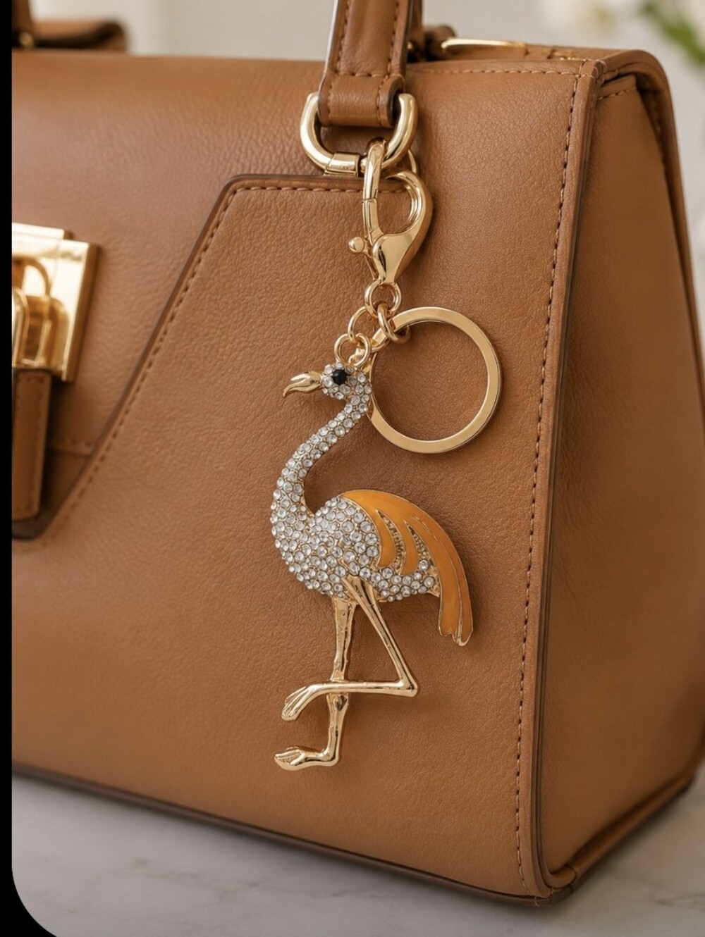 Gold  And Caramel .Flamingo Keychain / Purse Charm Encrusted With Rhisnestones